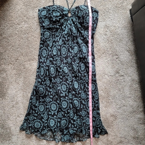 Luciano Dante 100% Silk Halter Keyhole Dress Black Aqua Floral Lined Dress 6 - Picture 5 of 8